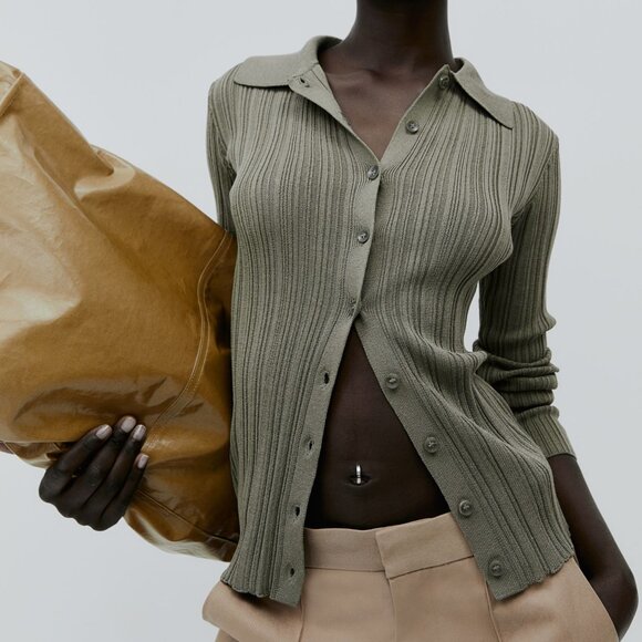 H&M Sweaters - (NWT) H&M - khaki green rib knit button up cardigan top (large)